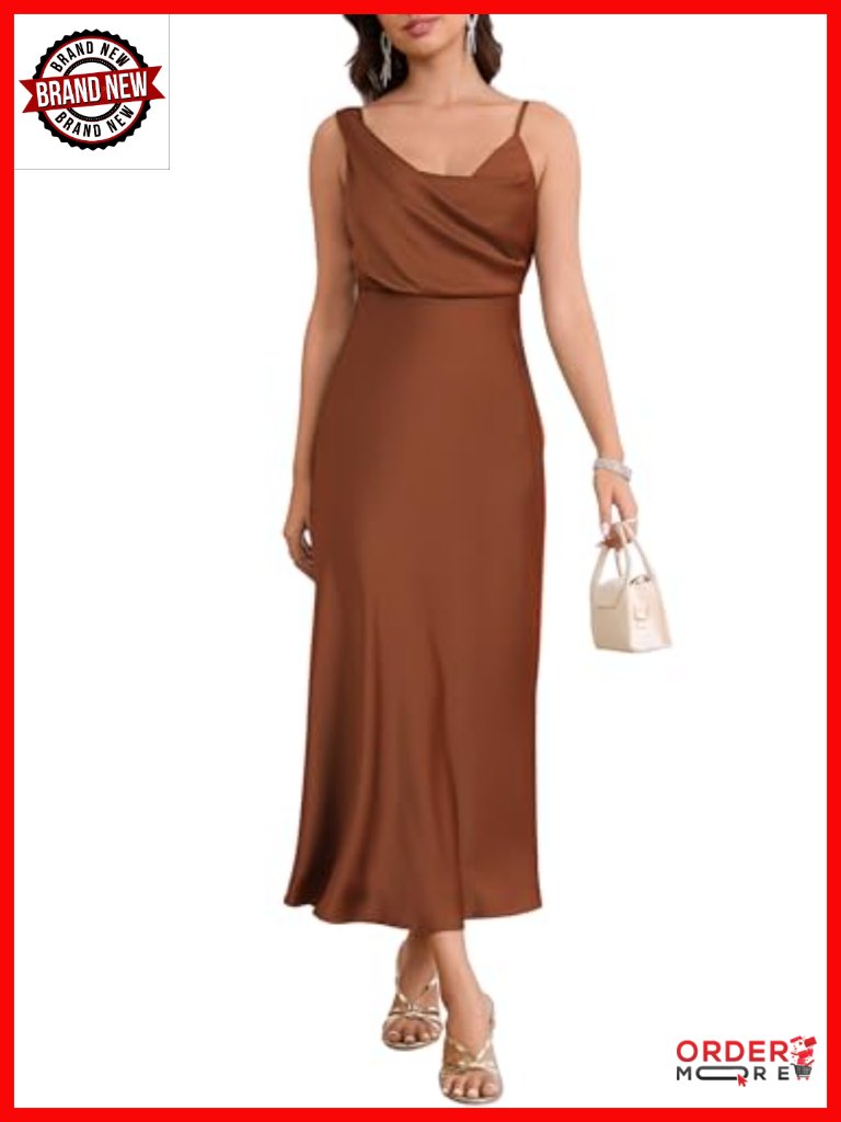 Satin Bodycon Midi Dress Cowl Neck Spaghetti Strap Formal